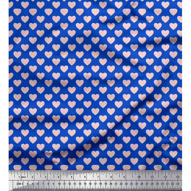 Soimoi Blue polyester Crepe Fabric Pink Heart Fabric Prints By Yard 52 Inch Wide