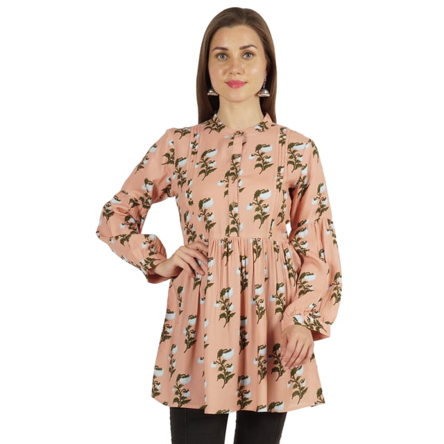 Moomaya Tunique Imprimée pour Femmes à Manches Longues, Col Mandarin, Coupe Ajustée et Évasée, Long Haut