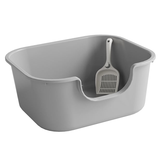 Open Top Pet Litter Tray Cat Litter Box High Sided Easy to Clean Extra Large Grey. This grey litter tray features an open top design for easy monitoring and air circulation. It has high sides to prevent litter splashing and a U-shaped lowered front for easy access, suitable for kittens and short-legged cats. Made of durable PP material with a smooth surface, it includes a scooper and measures 47cm x 40cm x 20cm (18.50in x 15.75in x 7.87in).