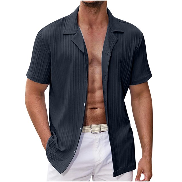 EOYWHK Mens Cotton Linen Shirts Short Sleeve Summer Ribbed Knit Button Down Cardigan Solid Color Collared Lapel Office Blouse Workwear Beachwear