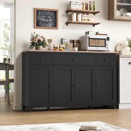 Homfa 55"W Kitchen Sideboard, 4-Doors 3-Drawer Wood Buffet Storage Cabinet with Adjustable Shelves, Black & Brown