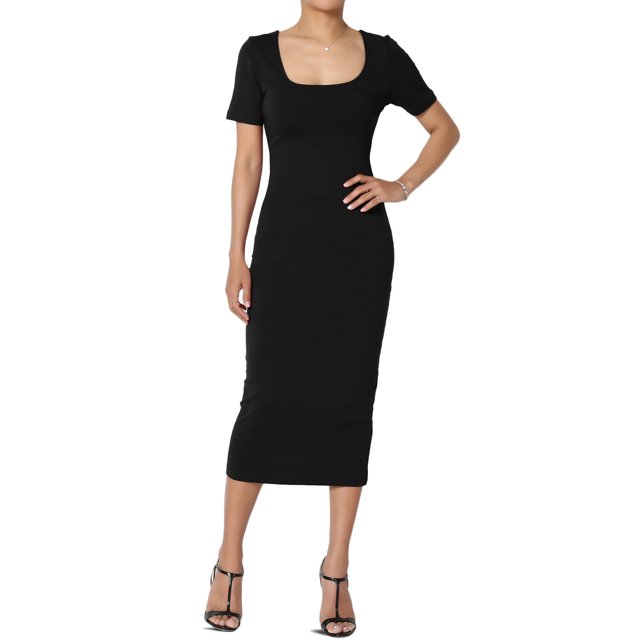 TheMogan Robe Crayon Midi Moulante en Coton Extensible à Manches Courtes et Encolure Carrée pour Femmes P-TG, Noire. Cette Robe Ajustée Présente une Encolure Carrée Classique, des Manches Courtes et une Longueur Midi sous le Genou. Fabriquée en Mélange Doux et Extensible Coton-Spandex, Elle Offre une Coupe Moulante Confortable. la Robe n'Est Pas Doublée et Lavable à la machine, Convient aux occasions Décontractées Ou Semi-Formelles. le Modèle Montré Porte une Taille P.