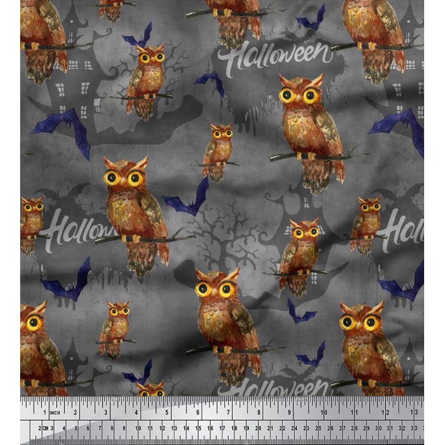 Soimoi Cotton Poplin Fabric Owl,Bat & Haunted House Halloween Printed Craft Fabric by the Yard 42 Inch Wide