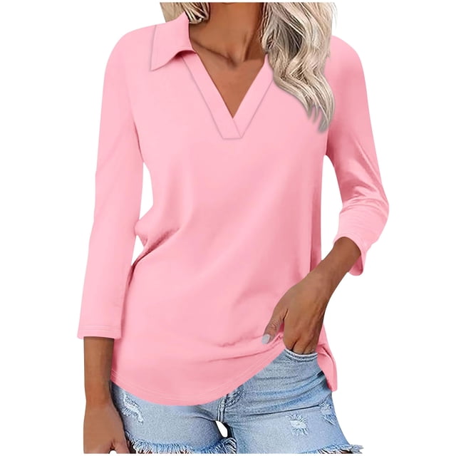Hot6sl Économies d'Été Liquidation Blouse & Chemise à Manches Courtes Col Rabattu, T-shirt Assorti pour Femmes Col en V Col Rabattu Manches 3/4, Haut en polyester pour Femmes/Rose, P
