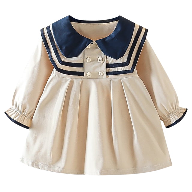 Besolor Baby Girls Dress Fall Long Sleeve Collared Cotton Dress Toddler Button Front Color Block Uniform Dress