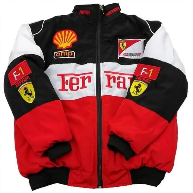 Combinaison de Course F1 Style Complet Style Rétro Veste Style Collège Veste en Coton Automne et Hiver Veste en Coton A187 Broderie Complète Noire. Cette Veste en Coton Noire, Rouge et Blanche Présente une Broderie Complète avec la Marque F1 et Ferrari, Incluant des logos Tels Que Shell et Scuderia Ferrari. Conçue pour l'Automne et l'Hiver, Elle a une Fermeture Éclair à l'Avant et des Poignets Élastiques pour un Ajustement Serré. Convient aux Amateurs de Sport Automobile et aux Tenues Décontractées.