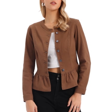 INSPIRE CHIC Women's Denim Jackets Button Down Peplum Hem Long Sleeves Cropped Jean Jackets Dark Brown L