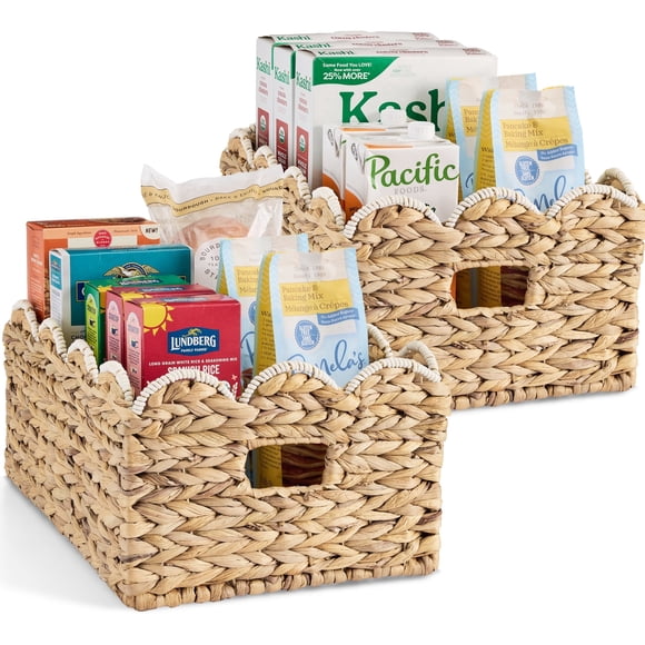 Best Choice Products 16x12 Scalloped Shelf Baskets, Woven Storage Bins, 2 Pack - Natural with White Trim