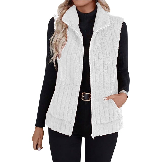 Wensltd Gilet Sans Manches Chaud pour Femmes Léger Couleur Unie Col Rabattu Gilet en Peluche