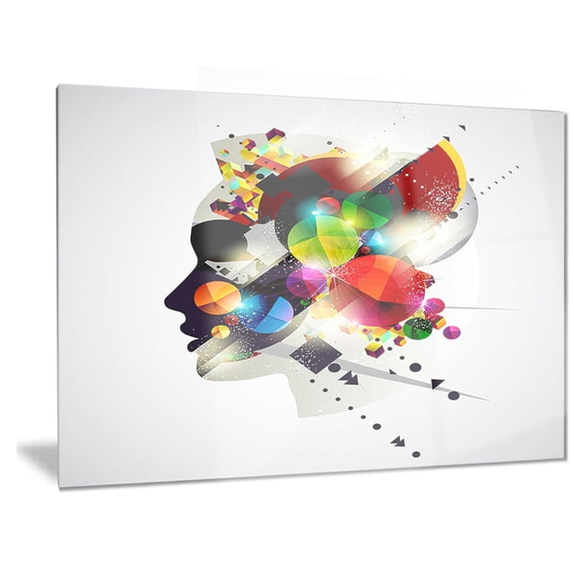 Design Art Woman Abstract Profile Abstract Metal Artwork is a modern aluminium wall art with a high gloss finish, featuring a side profile silhouette of a woman filled with vibrant geometric shapes and light effects. Mounted on a wood sub frame for a floating effect, it enhances contemporary home or office décor.
