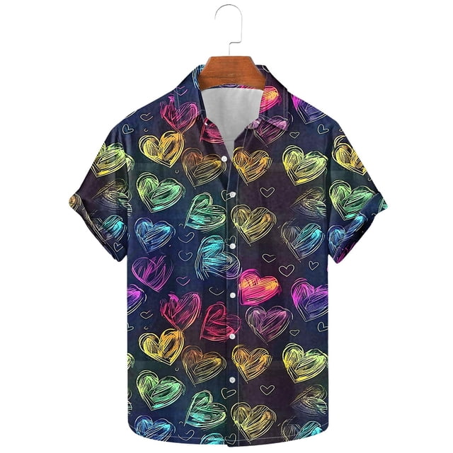 Weiqiqre Mens Shirts Funny Love Pattern Printed Short Sleeve Quick Dry Button Down Lapel Shirt