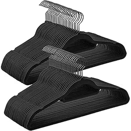 SONGMICS HOME Velvet Hangers, Set of 50 Clothes Hanger with Black Swivel Hook, Non-Slip, and Space-Saving, 0.2-Inch Thick, 17.1-Inch Long for Coat, Shirt, Dress, Pants, Tie, Ink Black