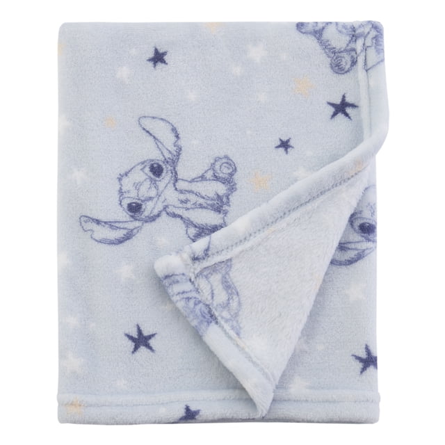 Disney Stitch Allover Print Baby Blanket, Unisex, Blue folded front view of 30 x 36" baby blanket with allover Stitch character and star print on a soft blue background; soft 100% polyester plush, machine washable and Oeko-Tex certified, compact for stroller or diaper bag.