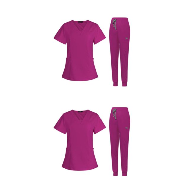 maskred Women s Scrub Set Nurse V-Neckline Machine Washable Short Sleeves Comfortable Suit Rose Red L 2Set