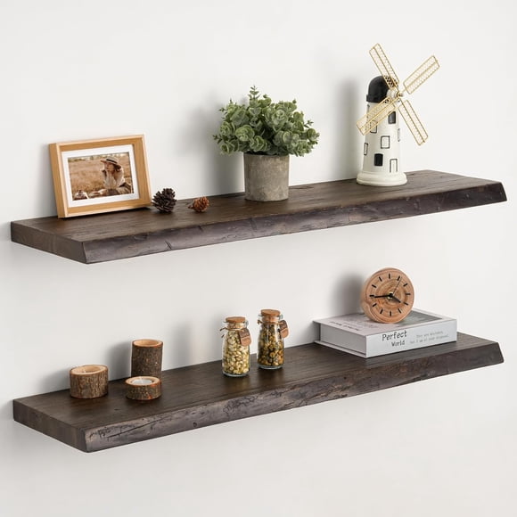 Realgulf Floating Shelves Set of 2, Solid Elm Wood Wall Shelves 32 Inch - Invisible Bracket Mount for Living Room, Bedroom, Kitchen, Bathroom - Brown Wood Wall Decor