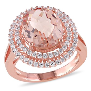 Tangelo 7.36 Carat T.G.W. Simulated Morganite and Cubic Zirconia Rose Rhodium-Plated Sterling Silver Halo Cocktail Ring