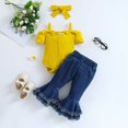 thumbnail image 2 of Yuyuzo Newborn Baby Girl Clothes Set Ribbed Knit Button down Romper Flare Jeans Infant Outfits with Headband, 2 of 7