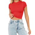thumbnail image 2 of JIRNDf Hauts pour Femmes T-Shirts d'Été Tendance Mode Manches Courtes Mignon Court Basique Col Rond Coupe Ajustée Blouse pour Femmes Tunique Décontractée Hauts Rouge m, 2 of 5