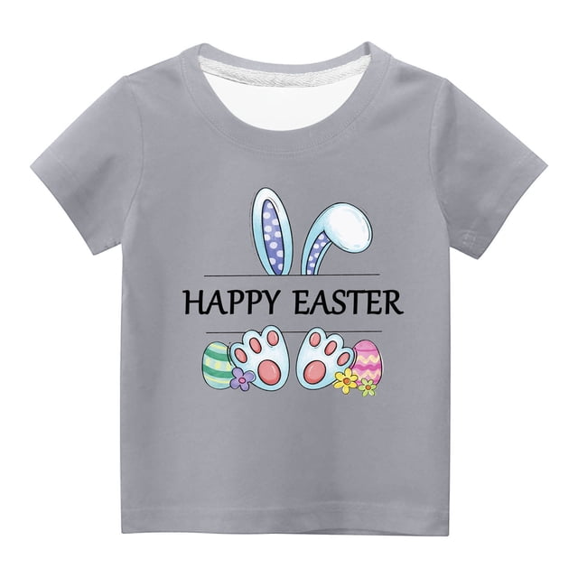 Penkiiy T-Shirts de Pâques pour Enfants Tout-Petits Garçons Filles Mode Oreilles de Lapin de Pâques Oeufs de Pâques Imprimé Col Rond Imprimé Manche Courte Haut 7 Ans Gris