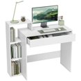 thumbnail image 1 of Modern White Computer Desk with 3 Open Shelves and Drawer, Compact Writing Desk for Small Spaces, Particle Board Study Station for Bedroom, Dorm, or Home Office, 39.4" W x 15.7" D, 1 of 7