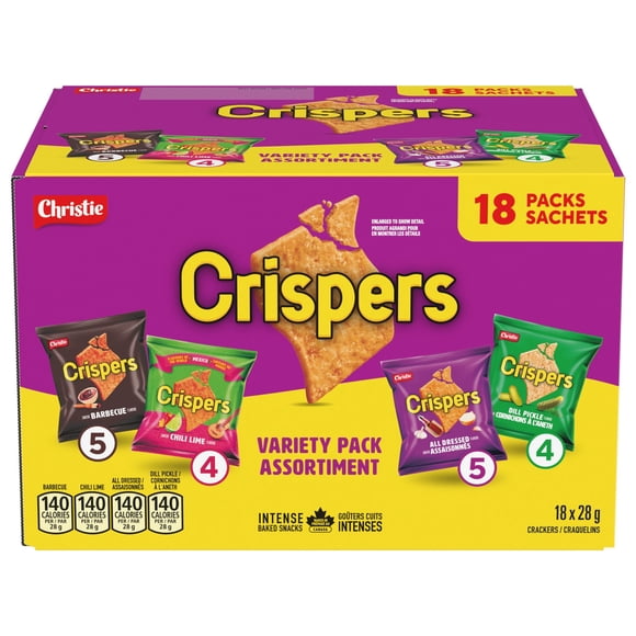 CRISPERS Variety Pack Crackers, 18 Snack Packs, 28g Each, Box