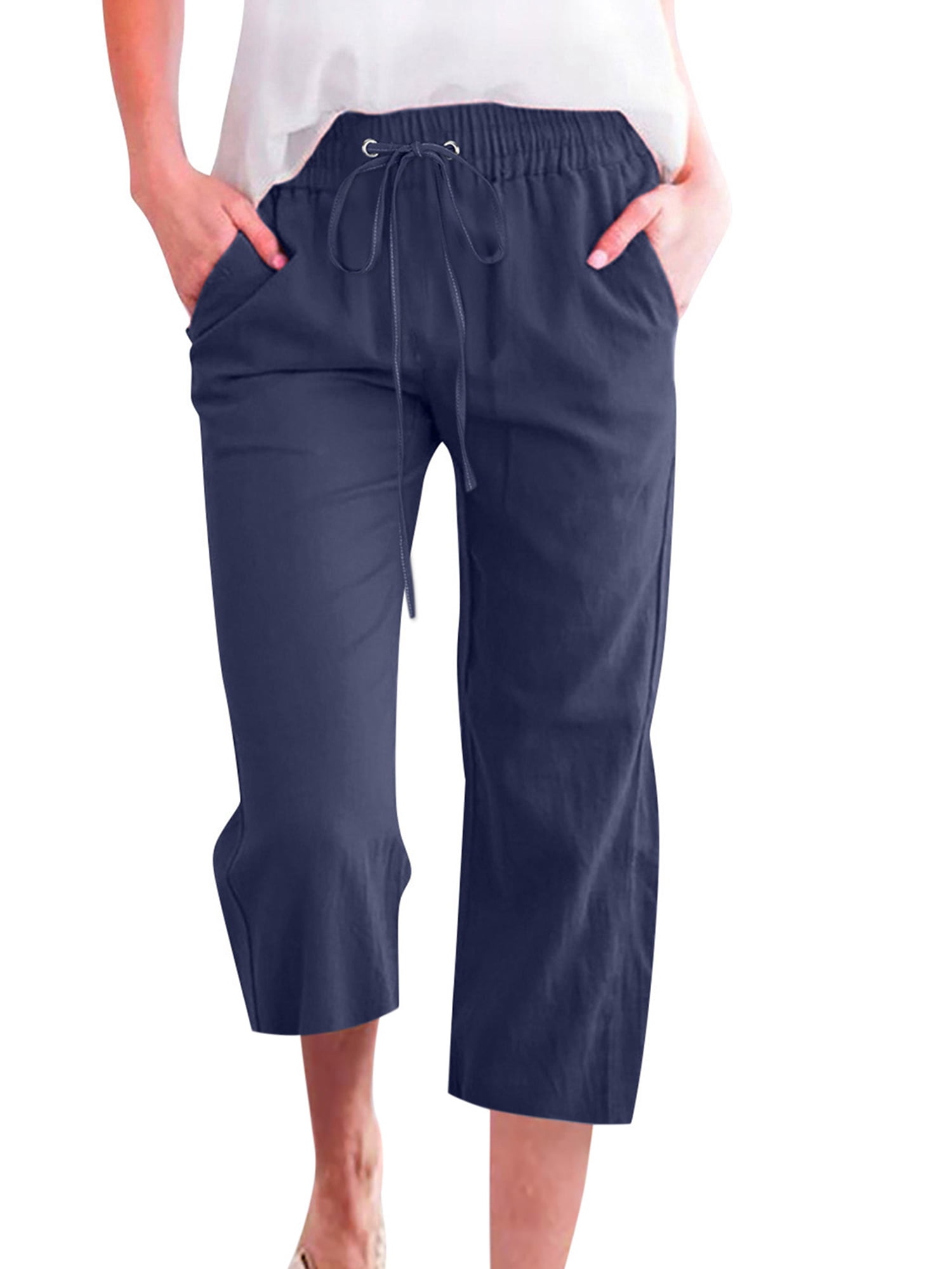 MAWCLOS Women's High-Waist Cropped Capri Pants with Wide Leg, Dark Blue, S