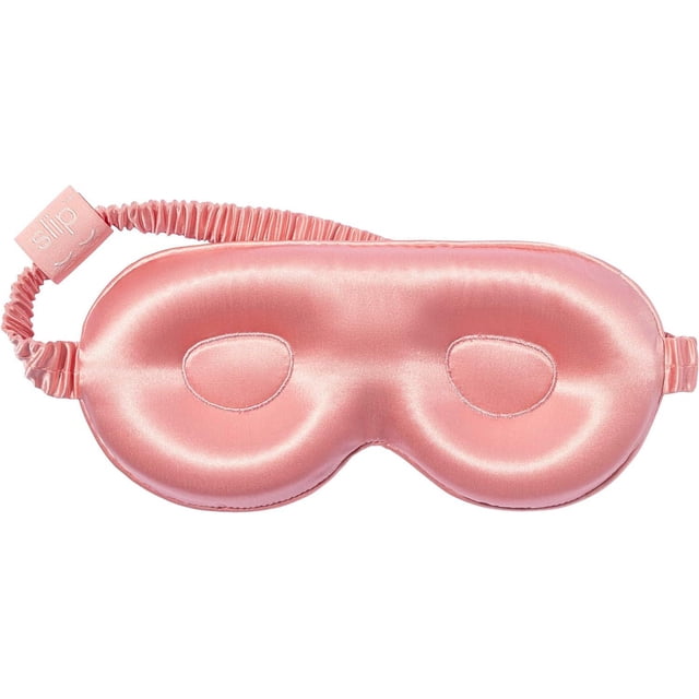 Slip Silk Contour Sleep Mask - Lovely Lashes - Rose. A luxurious pure silk sleep mask in a soft rose color with a contoured design to protect delicate eyelashes. Features contrast piping and an elasticized strap for a secure fit. Made with Slipsilk, known for its smooth texture, reduced friction, and moisture retention, ideal for maintaining skin and hair health during sleep.