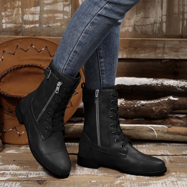 Styesk Bottes pour Femmes Bottes pour Femmes Mode Décontractée Bout Rond Mi-Mollet Couleur Unie Style Printemps et Automne Bottes à Fermeture Éclair Latérale Bottes de Travail pour Femmes