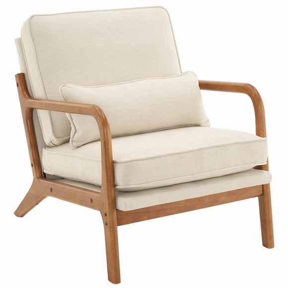 Ktaxon Fauteuil d'Appoint de Style Moderne du Milieu du Siècle, Fauteuil en Lin avec Structure en Bois Massif Beige