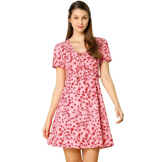 INSPIRE CHIC Women's Tie V Neck Short Sleeve Ruffle Floral A-Line Dress