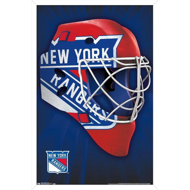 NHL New York Rangers - Mask 16 Wall Poster, 22.375" x 34" showing a front-facing hockey goalie mask with the New York Rangers logo in blue, red, and white on a dark blue background with subtle radial gradient. The mask features a silver metal cage and bold team branding, printed on glossy poster paper ideal for wall art and sports décor in bedrooms, offices, or dorms.