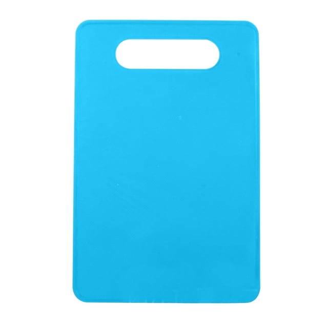 SUWHWEA Environmentally Friendly Color Plastic Non-Slip Cutting Board in a vibrant blue color. Made from food-grade PP material, this cutting board measures approximately 29x19 cm. It features a matte surface with a non-slip bottom design for stability on countertops and a handle cutout for easy storage. Dishwasher safe and designed to prevent food cross-contamination.