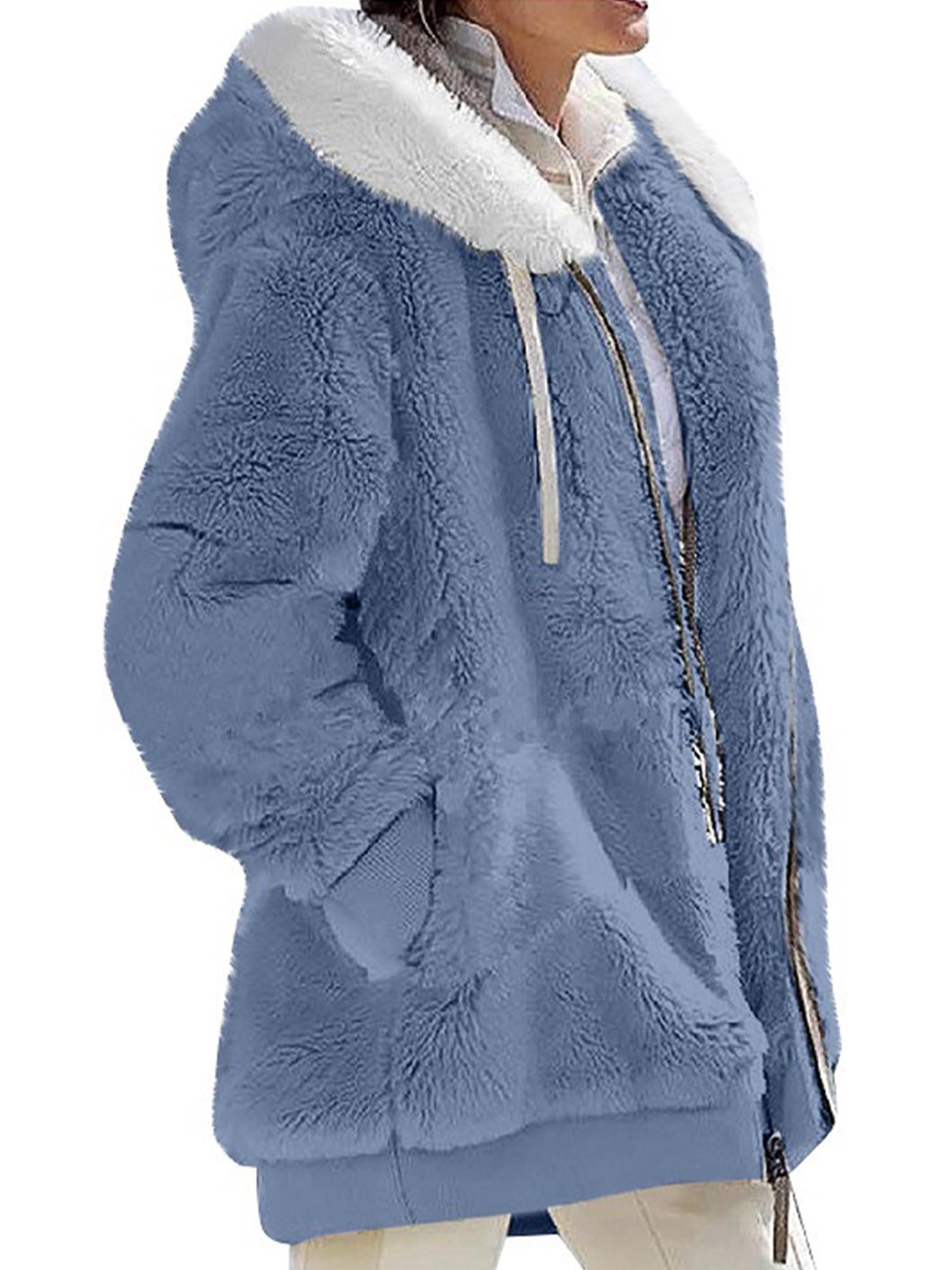 MAWCLOS Ladies Thickened Solid Color Hooded Cardigan Winter With Pockets Sherpa Coat Blue S