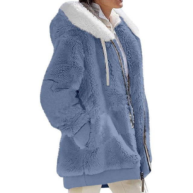 MAWCLOS Ladies Thickened Solid Color Hooded Cardigan Winter With Pockets Sherpa Coat Blue 2XL