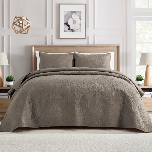 Bourina Ensemble de Courtepointe Ultrasonique Ensemble de Literie 3 Pcs Microfibre Prélavée Ultra Douce Légère Couvre-Lit à Motif de Feuilles Ensemble de Courtepointe pour Toutes les Saisons, Très Grand, Taupe