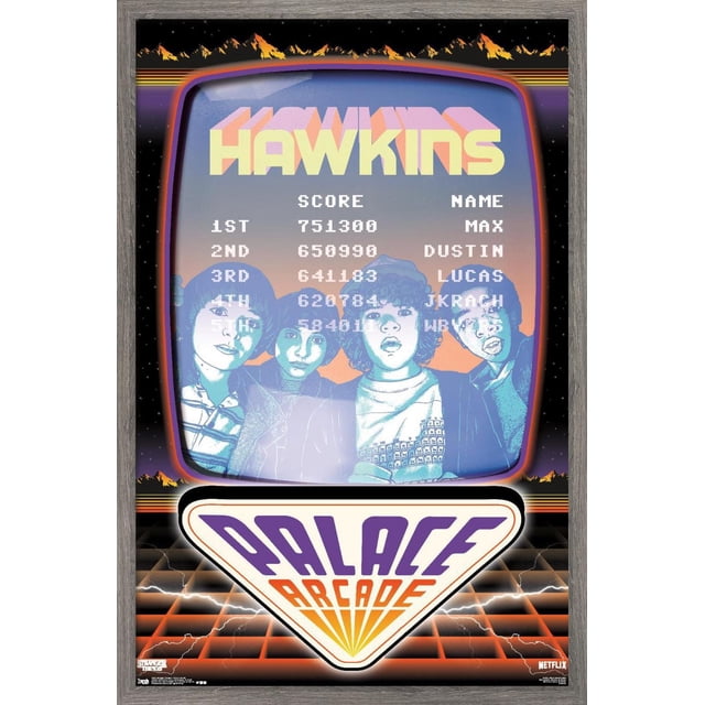 Netflix Stranger Things: Season 2 - Palace Arcade Wall Poster, 22.375" x 34" featuring a retro arcade game screen with the word HAWKINS in large 3D block letters, a high score list including Max, Dustin, and Lucas, and a Palace Arcade logo below, all framed by a vintage TV screen design with a starry sky and mountain silhouettes, printed on glossy poster paper.