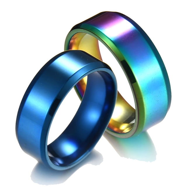 1 Pc Ring Unisex Stainless Steel Mirror Lightweight Finger Ring for Wedding, featuring a fade-resistant stainless steel design with a polished mirror finish. The image shows two rings, one in a vibrant blue tone and the other in a multicoloured gradient finish. Available in US sizes 5 to 13, this durable and stylish ring is suitable for engagements or daily wear.