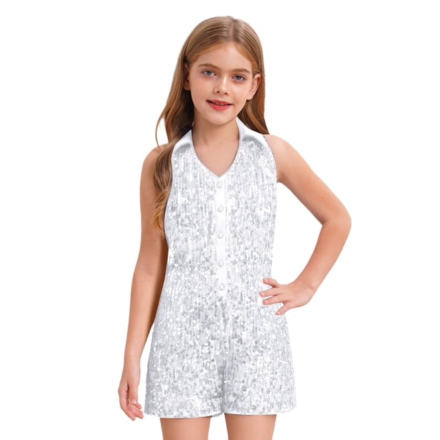 renvena Short Sequin Jumpsuits Pageant Romper For Girls Jazz Hip Hop Dancing Wedding Evening White 8