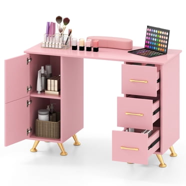 Gymax Table de Manucure Bureau pour Ongles avec Tiroirs Repose-Poignet Pieds en Métal Station de Techno pour Ongles Rose