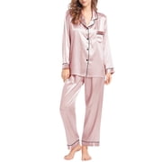 Clearance! Hontri Pajama Sets for Women 2 Piece Womens Silk Like Pajamas Long Sleeve Set Two Sleepwear Button Down Nightwear Loungewear Sets Loungewear Pj Set Pink,M
