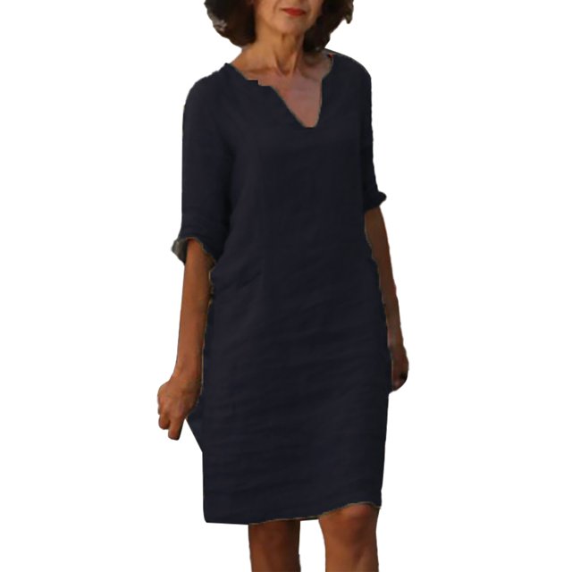 2025 et Robe Courte en Lin Grande Taille pour Femmes Décontractée à Manches Vacances Semi-Décontractée Ajustée Robe d'Été pour Femmes Robe à Col en V Mini Petite Midi Couleur Unie Robe pour Femmes