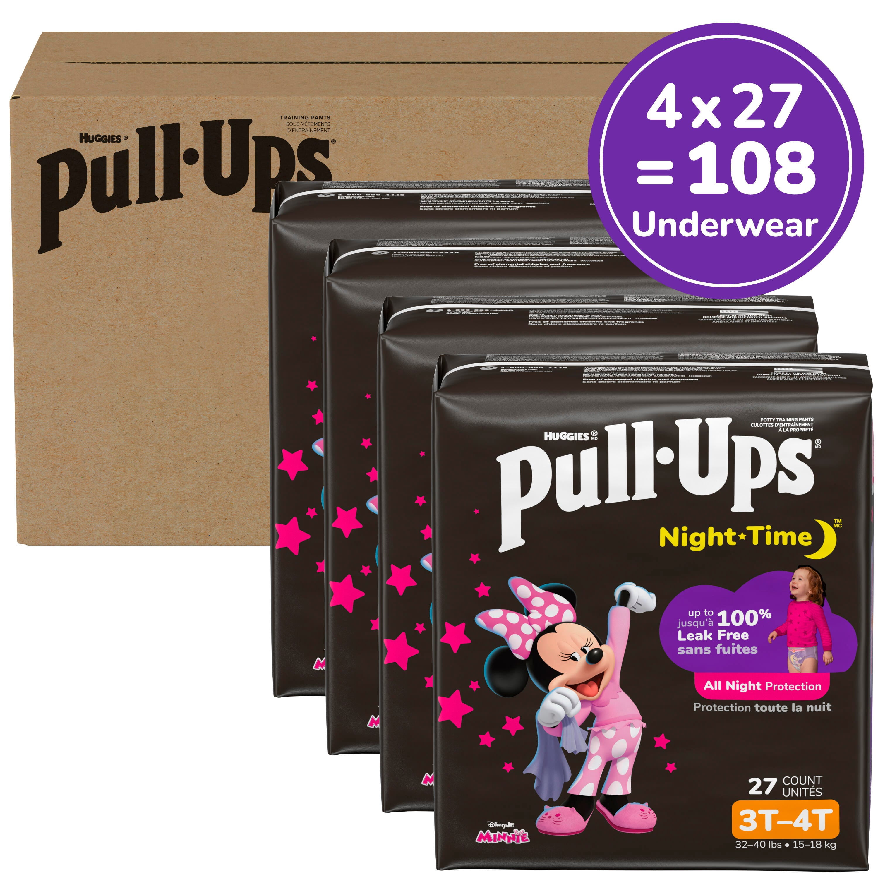 Pull-Ups Girls' Night-Time Potty Training Pants, 3T-4T (32-40 lbs), 108 Ct