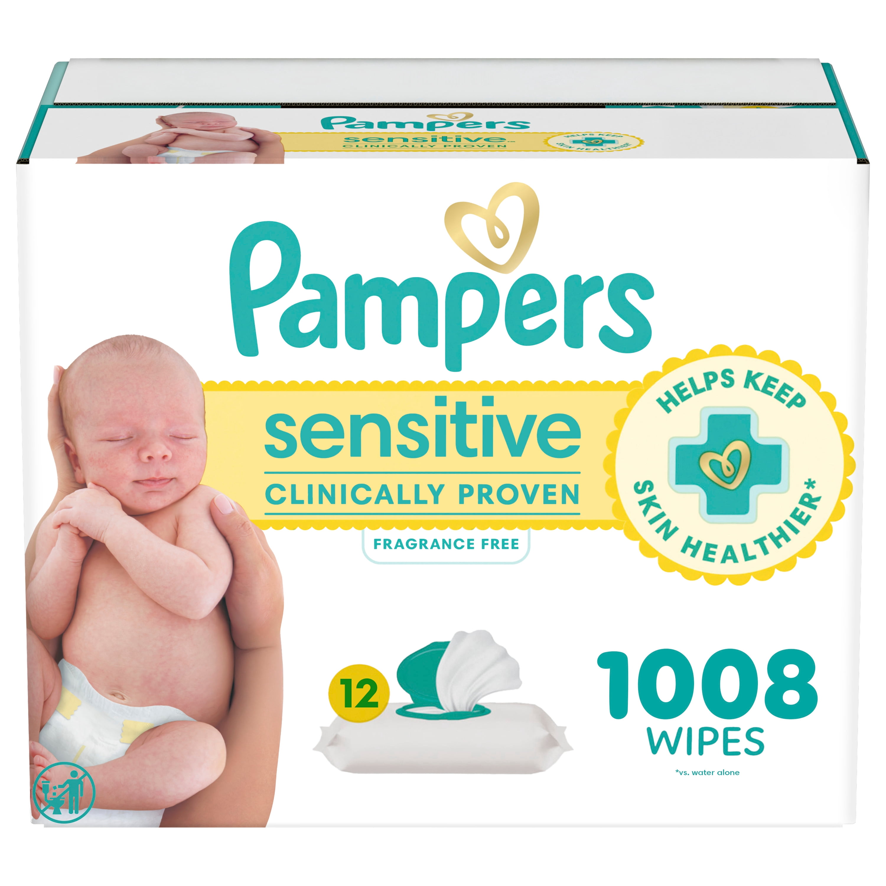 Baby Wipes Pampers Sensitive, Clinically Proven, Fragrance Free, Water Based, Hypoallergenic Baby Wipes, 1008 Baby Wipes Total (12X Flip-Top Packs)