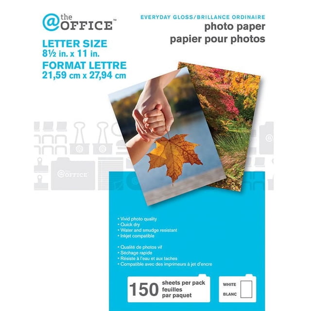 Photo Paper letter size 8.5 by 11 inches from At The Office with 150 sheets of instant dry, water and smudge resistant inkjet compatible paper offering everyday gloss and vivid photo quality, shown with sample prints of autumn leaves and a hand holding a leaf.