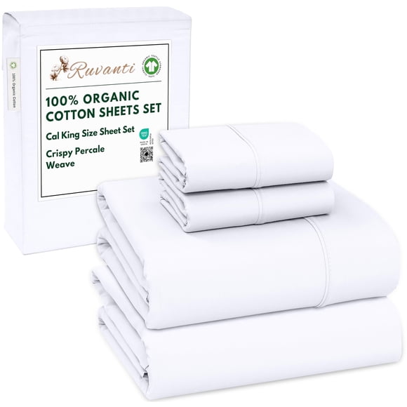 RUVANTI 100% Organic Cotton Sheets - California king Sheet Sets - 4 Piece Percale Weave Bedding, Crisp, Cooling & Breathable, Soft & Durable, 16" Deep Pocket, Hotel Quality Sábanas - Bright White