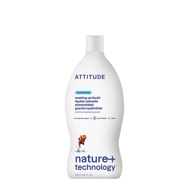 ATTITUDE nature+ technology dishwashing liquid wildflowers 700 mL bottle with white curved design, blue text, and orange clownfish graphic, featuring advanced degreasing power and vegan formula, ideal for household dishwashing use.