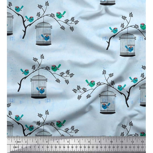 Soimoi Poly Georgette Fabric Branches,Cage & Bird Print Sewing Fabric Yard 42 Inch Wide