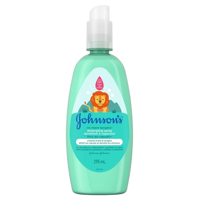 Johnson's Baby no more tangles detangling spray in a 295 mL green plastic bottle with a white pump, featuring a lion illustration and text highlighting its gentle formula that unlocks knots and tangles for soft, smooth, manageable hair, ideal for easy combing and styling.