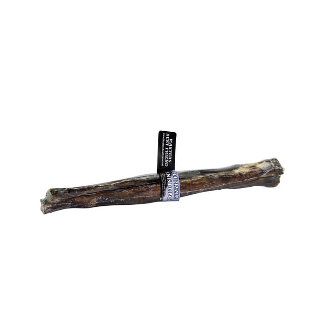 Masters Best Friend Lot de 3, Pizzles de Bœuf de 12 Pouces Montrant une Seule Gâterie pour Chien de 12 Pouces en Bœuf Naturel avec une texture Brun Foncé, Légèrement Lustrée et une Étiquette Noire Affichant le Nom de Marque, Conçues pour Aider à Enlever le Tartre et la plaque pour la Santé Dentaire, Isolées sur un Fond Blanc.