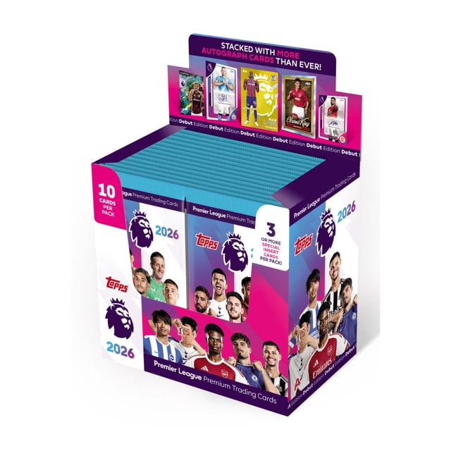 2025-26 Topps Premier League Debut Edition Sports Trading Cards - 28-Pack Box with Premier League branding and player imagery. Contains 280 soccer trading cards, including autograph cards, rare parallels, Diamond Rookie cards, Chrome King Legends, and subsets like Generation Now and Tekkers.